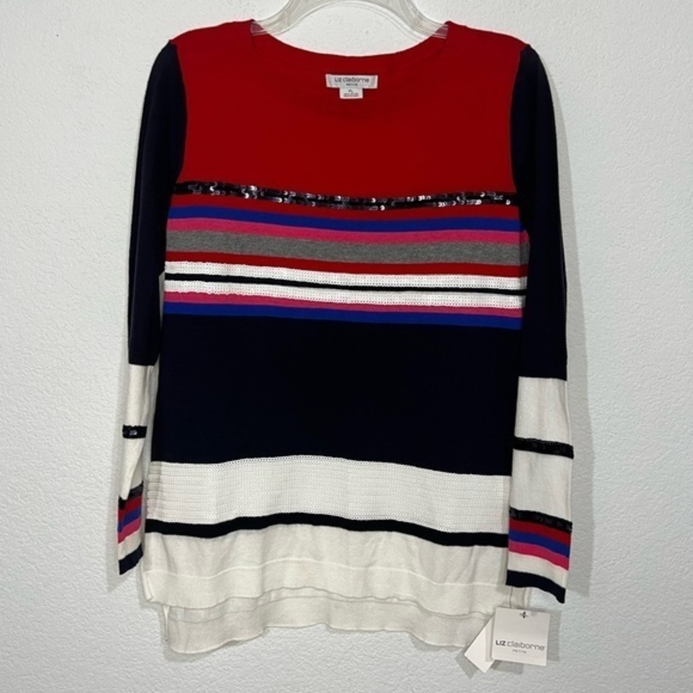 Liz Claiborne Red Black White Sequins Knit Crew Neck Sweater Large Petite